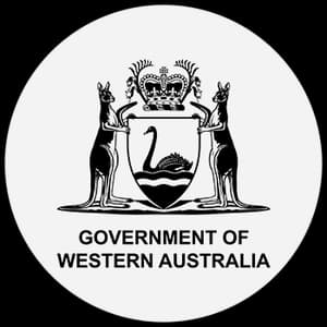 Coat of Arms of Western Australia: Black swan on shield, flanked by kangaroos, topped with royal crown; text below reads "Government of Western Australia."
